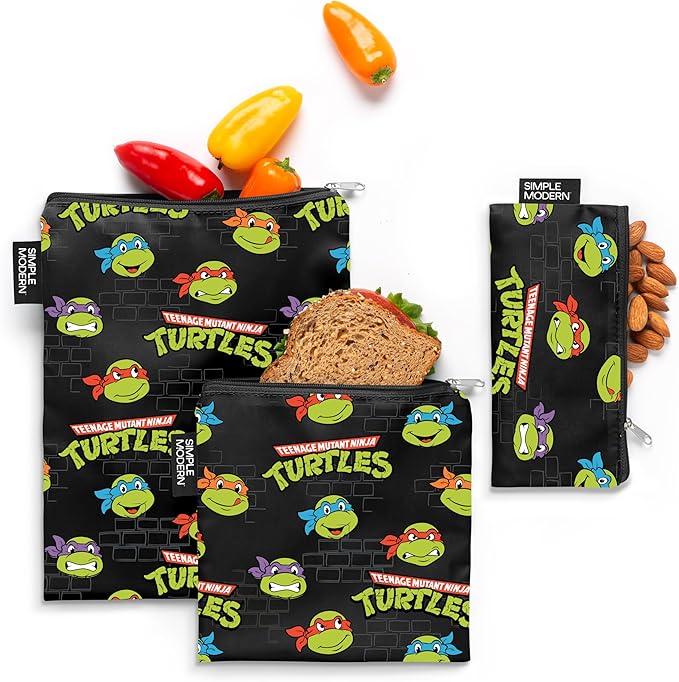 Simple Modern Nickelodeon Viacom Reusable Snack Bags for Kids | Food Safe, BPA Free, Phthalate Free, Polyester Zip | Washable & Refillable Sandwich Bag | Ellie Collection | 3 pack | TMNT Turtles Unite