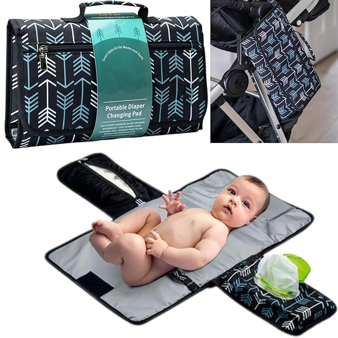 Portable Diaper Changing Pad, Portable Changing pad for Newborn Girl & Boy - Baby Changing Pad with Smart Wipes Pocket – Waterproof Travel Changing Kit (Black Pattern)