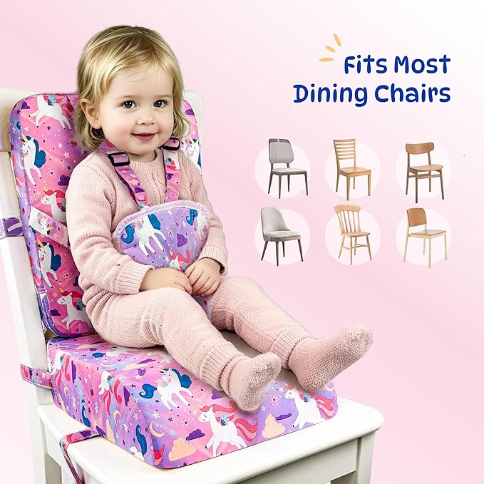 Toddler Booster Seat for Dining Table & Kitchen Chair with Backrest & 5-Point Harness - Portable Kids Booster Seat, Waterproof & Easy to Clean, Adjustable, Non-Slip, Lightweight (Pink Horse)