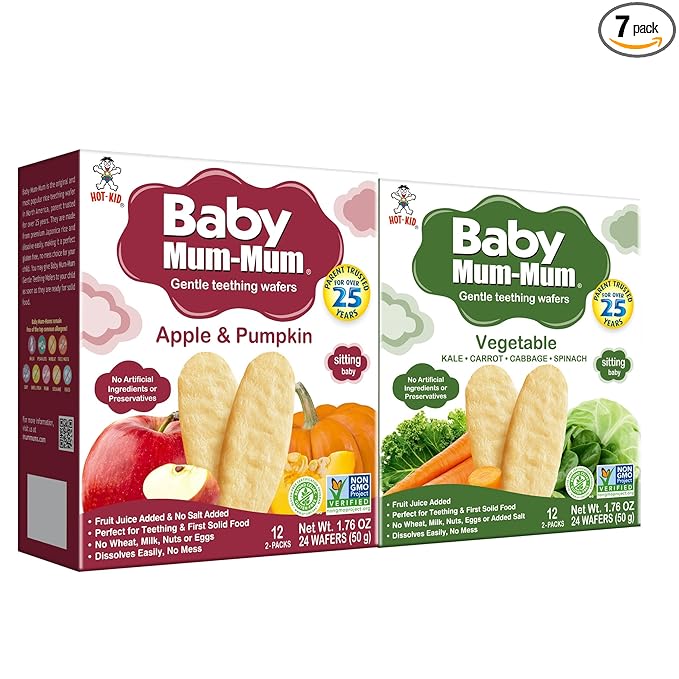 Baby Mum-Mum Gentle Teething Crackers, Apple & Pumpkin, Vegetable | 24 Count (Pack of 4) | Gluten Free, Allergen Free, Non-GMO | Baby Snacks, Teether Relief Rice Rusk Cookies for Toddlers