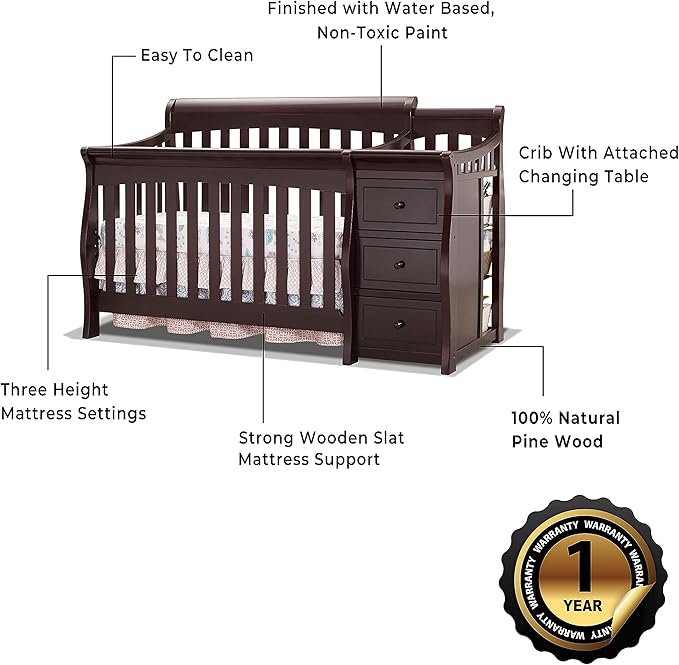 Sorelle Furniture Princeton Elite Crib and Changer Classic -in- Convertible Diaper Changing Table Made of Pine Wood Non-Toxic Finish Wooden Baby Bed Toddler Childs Daybed Full-Size Nursery - Espresso