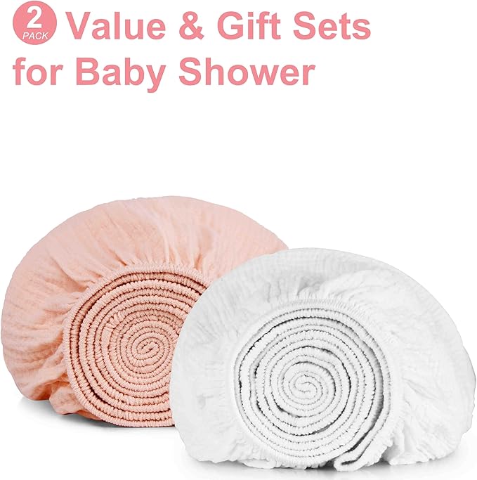 2 Pack Muslin Fitted Crib Sheets for Baby Girls & Boys-Neutral Breathable Crib Mattress Protector for Standard Crib Mattress (28"x 52")-Soft No Slip Toddler Cotton Bedding-Blush & White