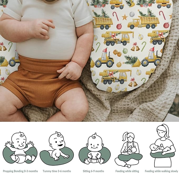 Christmas Trucks Construction Baby Nursing Pillow Covers for Boy Girl Dump Trucks Excavators Trees Nursery Pillowcase for Breastfeeding Pillows Winter Holiday Soft Stretchy Slipcovers for Newborn
