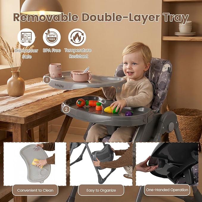 BABY JOY Foldable High Chair, Portable Highchairs for Babied and Toddlers with Adjustable Height, Backrest & Footrest, Double Removable Tray, Built-in Wheels, Baby Feeding Chair for 6-36 Months