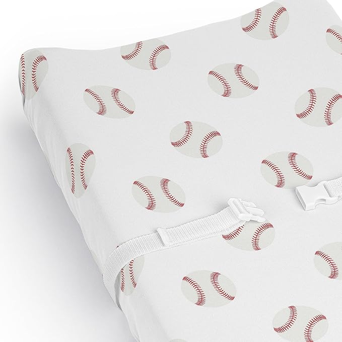 Sweet Jojo Designs Baby Changing Pad Cover Sheet (Baseball Sports) for Boys, Infant/Newborn Diaper Change Table Mat Covers (Red & White Baseballs, Americana Sport, for the Base Balls Patch Collection)