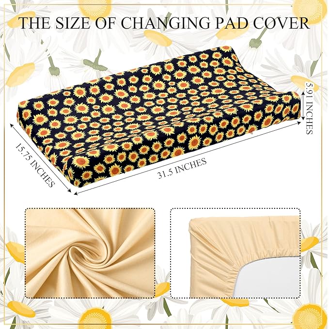 4 Pieces Muslin Sunflower Changing Pad Cover Diaper Fall Floral Change Table Sheets Thanksgiving Day Nursery Changing Pad Sheets Diaper Pad Cover for Baby Boys Girls, 31.5 x 15.75 Inches
