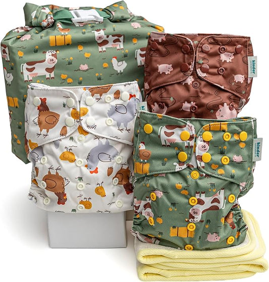 Kinder Cloth Diapers Reusable Baby Diapers Pocket Style Athletic Wicking Jersey, Bamboo Viscose Inserts, Wet Bag, Newborn to Potty Training 7-60lbs, One Size (On the Farm, 3 Pack, with Inserts)