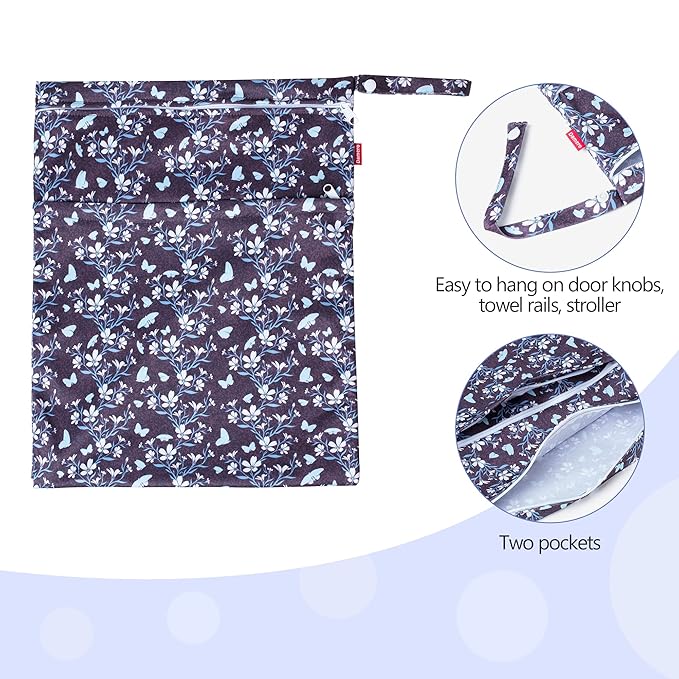 Damero 2 Pcs Wet Dry Bag for Cloth Diaper, Swimsuit, Clothes, Water-Resistant Reusable Wet Bag for Travel, Exercise, Beach, Pool, Daycare, Butterflies and Flowers