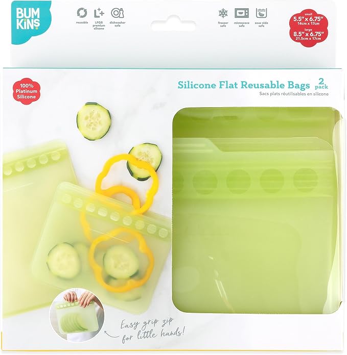 Bumkins - Silicone Snack & Sandwich Bags - For Storage, Food Prep, Lunch Bag - Reusable, Leak Resistant, Washable, Microwave, Freezer & Dishwasher Safe - 2 pack - Green