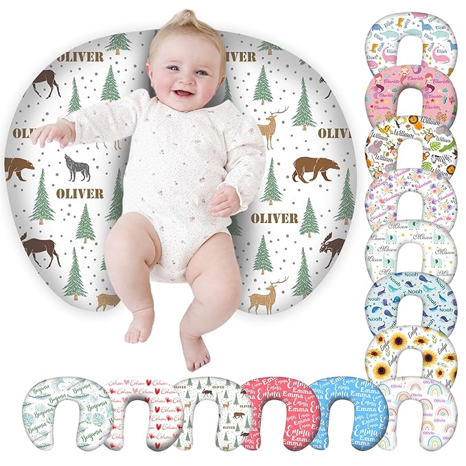 Personalized Baby Nursing Pillow Cover Custom with Name, Woodland Animal Theme Customized Boy & Girl Gifts