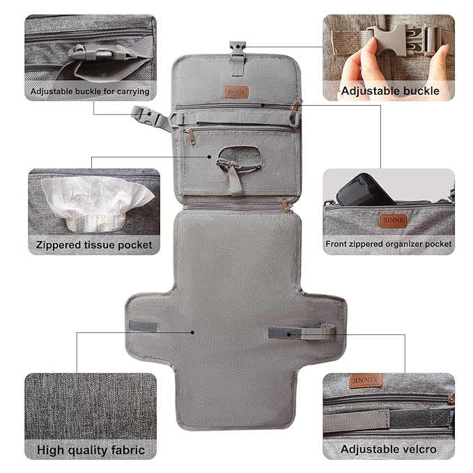 Portable Changing Pad for Baby, Travel Diaper Changing Pad for Newborn, Waterproof Baby Changing Mat, Foldable & Detachable Diaper Changing Station with Baby Wipes Pockets(Grey)