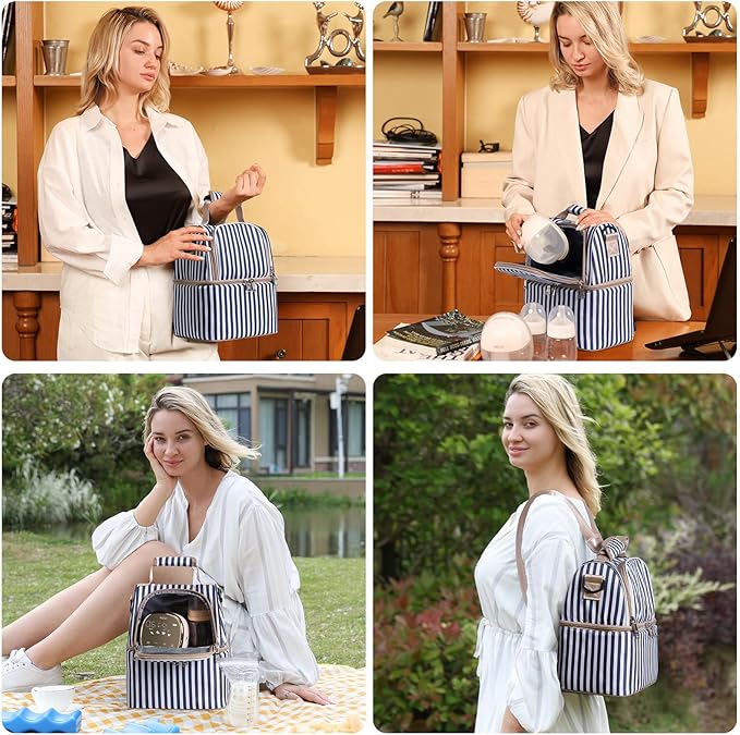 NCVI Breastmilk Cooler Bag with 2 Ice Pack, Breast Pump Bag with Cooler Fits 6 Bottles, Double Layer Breast Milk Baby Bottle Cooler Bag, for Travel, Nursing Mom Daycare, Work, Picnic (Stripe)
