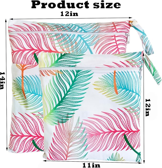 Wet Dry Bag for Cloth Diapers, 2PCS Waterproof Reusable Wet Bag with Zippered Pockets, Washable, Reusable for Travel, Beach, Pool, Stroller, Diapers, Dirty Gym Clothes, Swimsuits, 14x12In & 12x11In