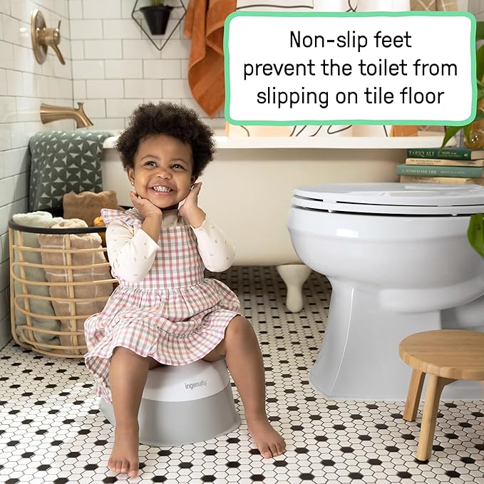 Ingenuity Ready Set Go Potty Training Toilet, Removable Bowl, Non-Skid Bottom, Wide Stable Base, Age 18 Months & Up, White & Grey