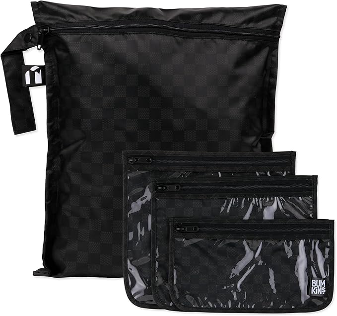 Bumkins and Roamio - Waterproof Wet Bag & Clear Travel Bags - For Beach, Baby, Travel, Swim Suit, Cloth Diapers, Pump Parts, Pool, Gym, Toiletries - Reusable & Easy to Clean - Black Check - 4 Pack