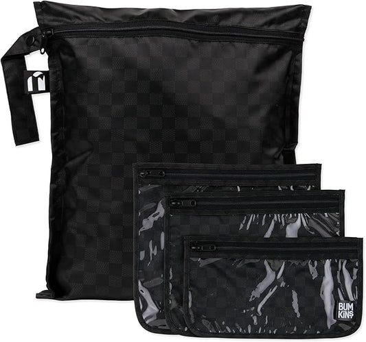 Bumkins and Roamio - Waterproof Wet Bag & Clear Travel Bags - For Beach, Baby, Travel, Swim Suit, Cloth Diapers, Pump Parts, Pool, Gym, Toiletries - Reusable & Easy to Clean - Black Check - 4 Pack