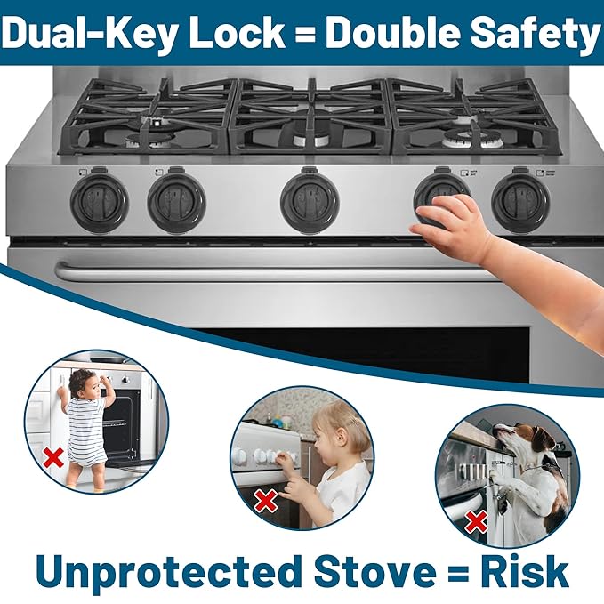 Childproof Stove Knob Covers, Oven Knob Covers for Child Safety 5 Pack, Black Stove Knob Safety Covers & Gas Stove Locks, Heat-Resistant Adhesive, Double-Key Baby Proof Covers for Gas/Electric Burners