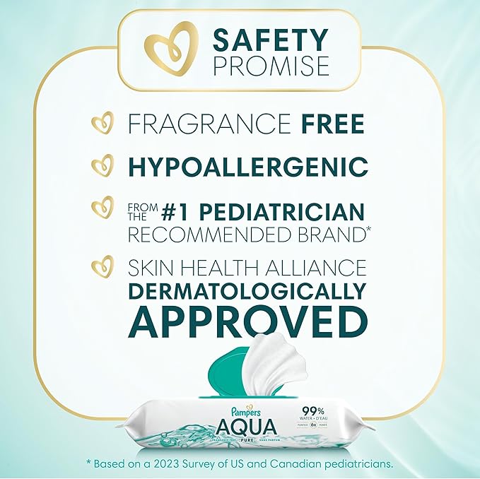 Pampers Aqua Pure Baby Wipes, 99% Water, Fragrance Free, 448 Baby Wipes Total (8X Flip-Top Packs) [Packaging May Vary]