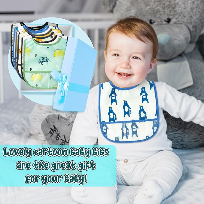 6Pcs Waterproof Toddler Bibs Baby Feeding Bib Set with Crumb Catcher Pocket, Infant Adjustable Baby Teething Bib, Babies Sleeveless Vehicles Food Bibs Keepsake Gift for Baby Shower, 6-24 Months