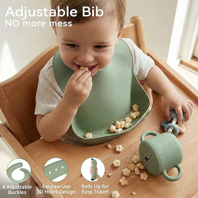 Bufims Silicone Baby Feeding Set, Baby Led Weaning Supplies, Eating Essentials Utensils with Suction Plate and Bowl, Pocket Bib, Sippy Cup with Lid, Forks Spoons Snack Container, for 6+ Months, Green