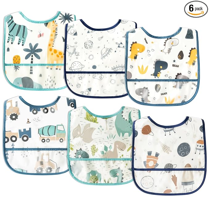 6Pcs Baby Bibs for Feeding Toddler Eating Bibs with Crumb Catcher Pocket Waterproof Sleeveless Teething Plastic Food Bib Set Adjustable Infant Keepsake Gift for Boys Baby Shower, 6-24 Months