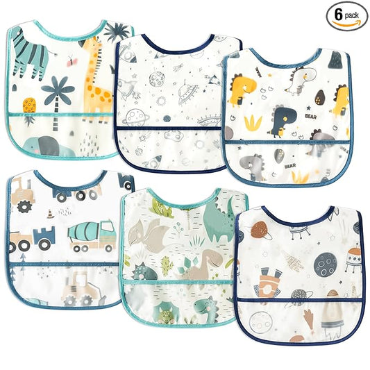 6Pcs Baby Bibs for Feeding Toddler Eating Bibs with Crumb Catcher Pocket Waterproof Sleeveless Teething Plastic Food Bib Set Adjustable Infant Keepsake Gift for Boys Baby Shower, 6-24 Months