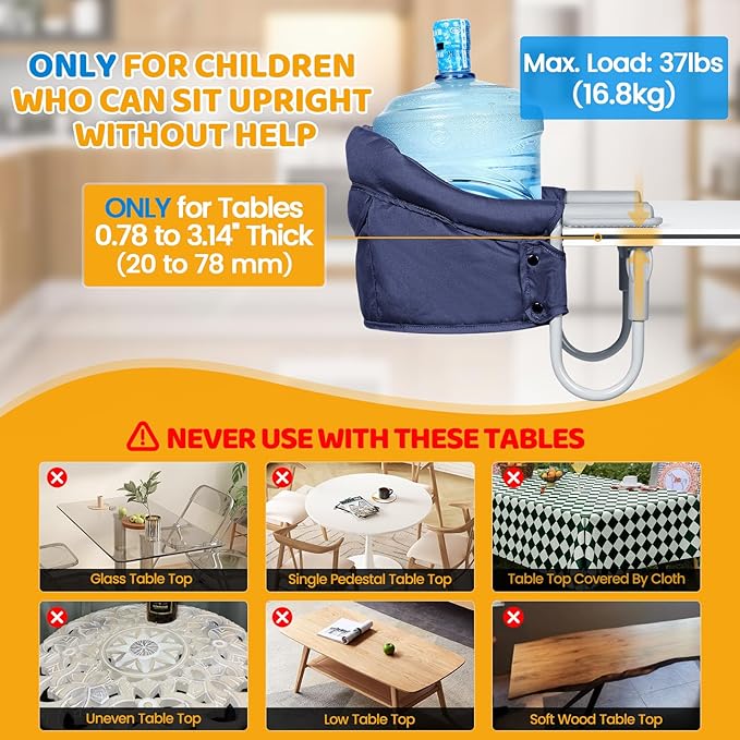 Orzbow Hook On High Chair, Portable High Chair for Babies 6-36 Months - Fits Tables 0.78 to 3.14inchs Thick, Collapsible Clip On Counter Chair with Carry Bag for Travel, Home and Restaurant, Blue