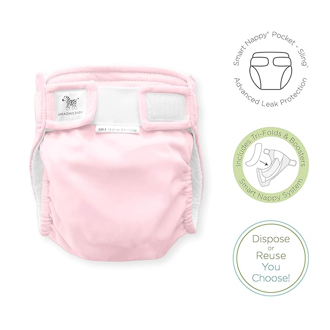 Amazing Baby Hybrid Cloth Diaper Cover/Swim Diaper, Med, Sz 3 (12-25 lbs), Use Boosties Disposable or Reusable Inserts, Pastel Pink, SmartNappy Set: Cover + Tri-Fold + Booster Pad
