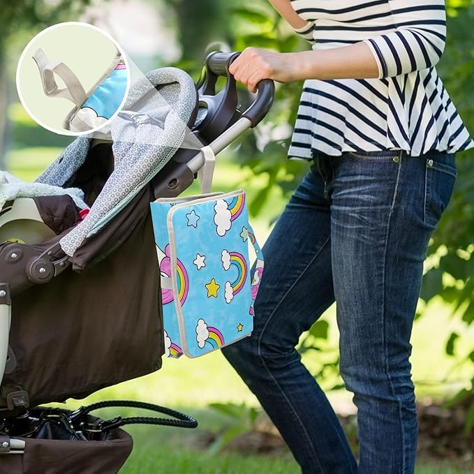 Cartoon Cute White Rainbow Unicorns Reusable Changing Table pad with Tissue Pocket Diaper mat Changing pad Travel Lightweight & Foldable Changing Station cambiador de pa?ales para Bebes