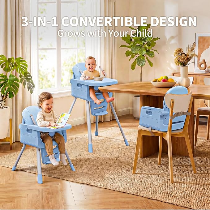 3 in 1 Convertible High Chairs for Toddlers 1-3 Baby Feeding Chair with Tray Wipeable Infant Highchair Sit Up High Chair for Babies and Toddlers with 5-Point Safety Harness & Cushion Blue