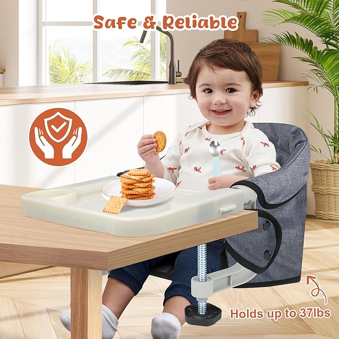 Hook On High Chair with Detachable Tray, Portable Foldable Clip On Baby Travel High Chair, Lightweight Feeding Seat with Storage Bag, BPA-Free Safety Harness for Home Restaurant (Grey)