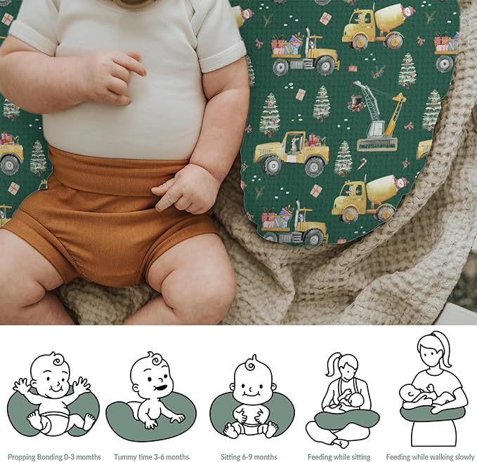 Green Christmas Construction Trucks Baby Nursing Pillow Covers for Boy Girl Dump Truck Excavator Animals Gifts Nursing Pillowcase for Breastfeeding Pillows Winter Holiday Soft Stretchy Slipcovers