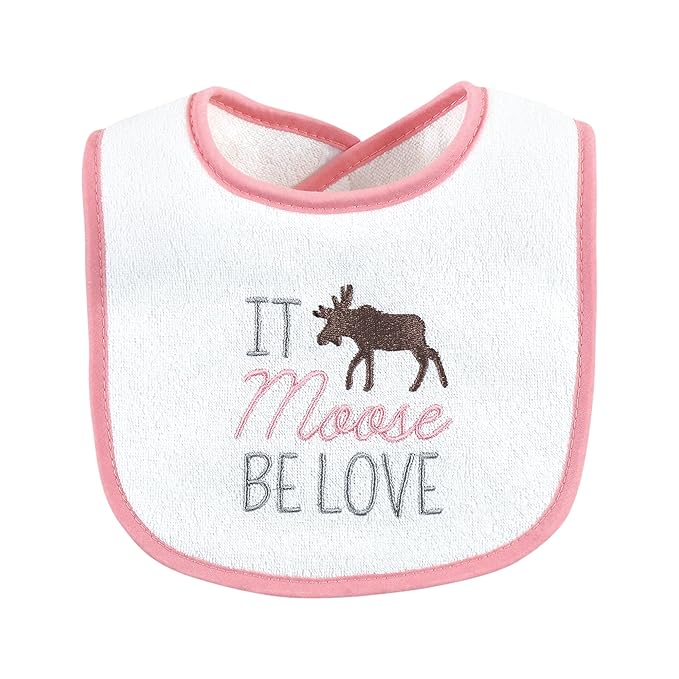 Hudson Baby Unisex Baby Cotton Terry Drooler Bibs with Fiber Filling, Girl Moose Bear, One Size