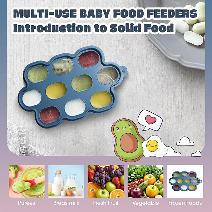 Baby Food Feeder Set, 2 Packs Fruit Feeder & Breastmilk Popsicle Molds Freezer Tray with Lid, Silicone Fruit Feeder to Teething Relief, Introduce New Foods, Baby Feeding Essentials(Blue+Red)