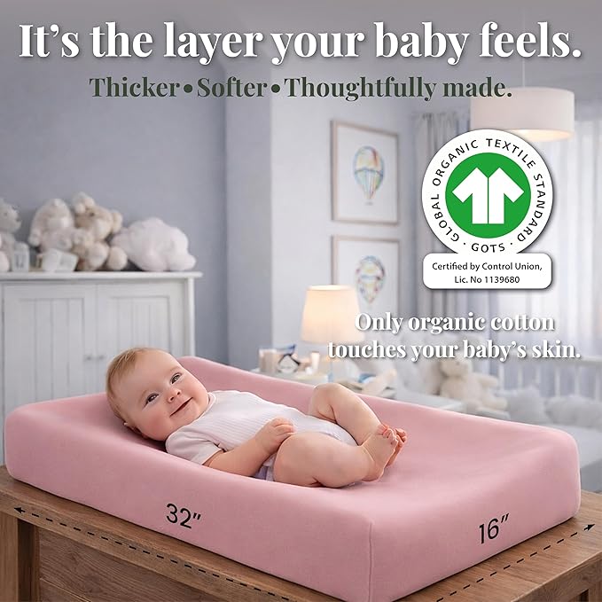 Plush Organic Changing Pad Covers Boy, Girl - GOTS 100% Certified Organic Cotton Changing Table Pad Cover, Baby Nursery Diaper Changing Pad Sheets,Table Contour Pads Liners (Dusty Rose + Dusty Rose)