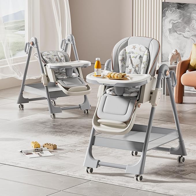 Nine point nine PU Leather Highchair, High Chairs for Babies and Toddlers, Adjustable Baby High Chair, Easy to Fold Baby Chair (X8122 Grey)