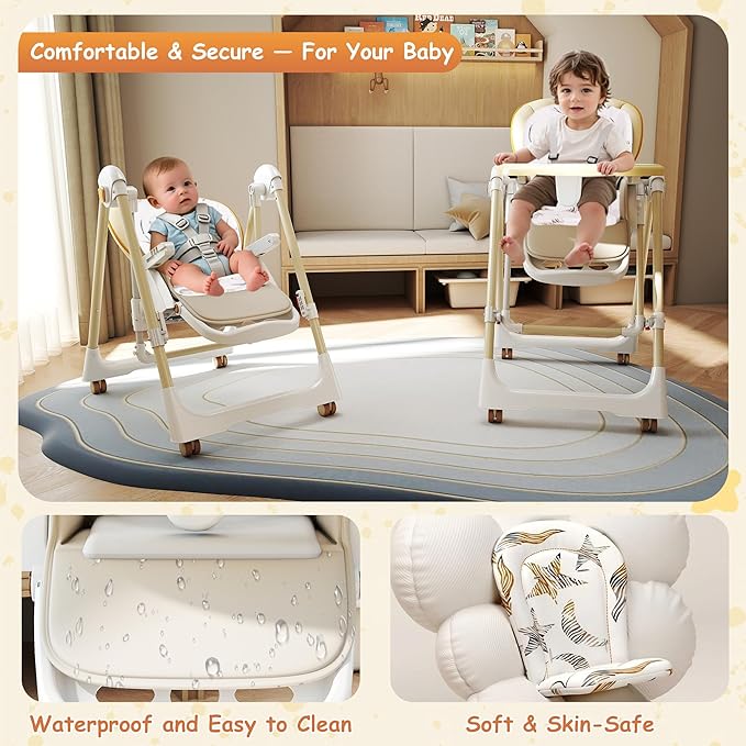 High Chairs for Babies and Toddlers, Foldable High Chair with Lockable Wheels, 4-in-1 Convertible, Adjustable Reclining Seat with Leg Rest & 5-Point Harness, Soft Cushion, Portable When Folded, Beige