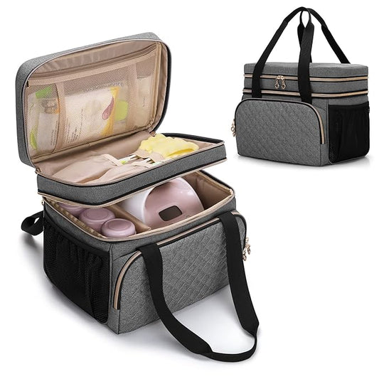 Luxja Double Layer Breast Pump Bag Compatible with Spectra S1 and S2, Pump Bag for Breast Pump and Extra Parts (Suitable for Home or Travel Use, Patent Design, Bag Only), Gray
