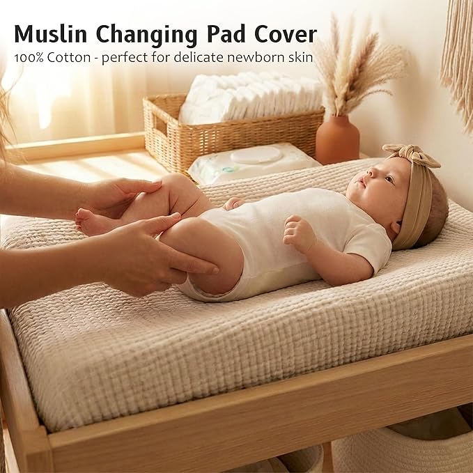 Muslin Changing Pad Cover, Baby Diaper Changing Table Pad Sheets, Cotton Soft Breathable Fitted, Boys Girls Neutral 2 Pack (Brown＆Beige)