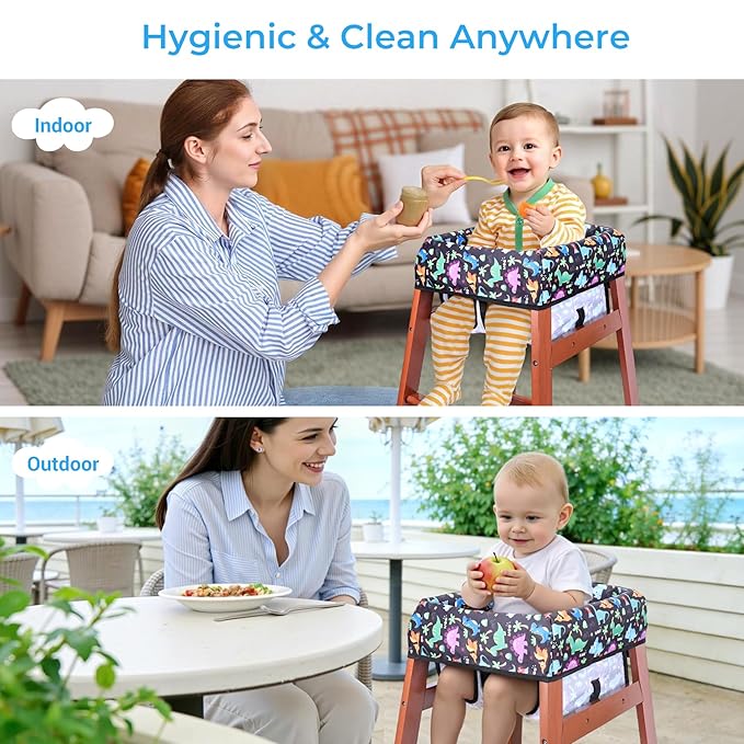 COOLBEBE Baby High Chair Cover with 3-Point Harness, Waterproof & Machine Washable Portable Seat Cover, Fits Wooden Chairs for Restaurant, Travel, Home & Dining Out, Black Dinosaur
