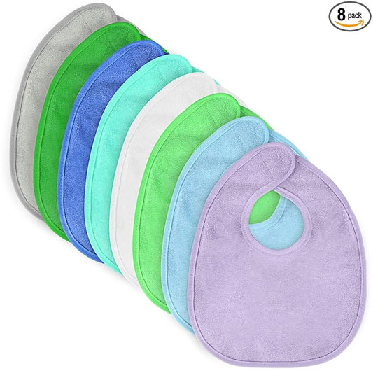 Vicloon Baby Bibs, 8Pcs Terry Bib Set, Baby Bibs for Girls & Boys, Terry Drool Cotton Bibs Waterproof Protection, Soft Absorbent Set for Teething and Drooling, Adjustable Hook-&-Loop Closure(color)