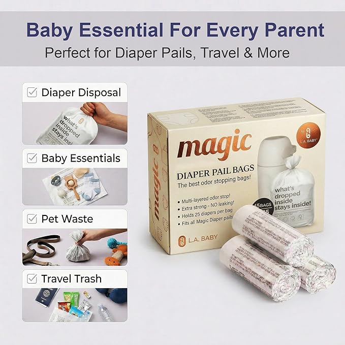 L.A. Baby Magic Diaper Bags - Diaper Pail Refill Bags 45 Count - Multi-Layer 100% Odor-Free Disposable Diaper Bag - Holds 1125 Diapers - Extra Strong No Leak