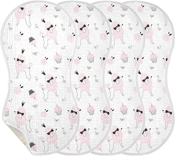 Princess Poodle Dog Cake Pink Flower Muslin Burp Cloths for Baby 4 Pack Soft 100% Cotton Baby Washcloths Bibs for Boy Girl