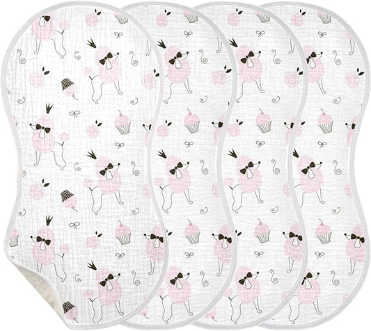 Princess Poodle Dog Cake Pink Flower Muslin Burp Cloths for Baby 4 Pack Soft 100% Cotton Baby Washcloths Bibs for Boy Girl