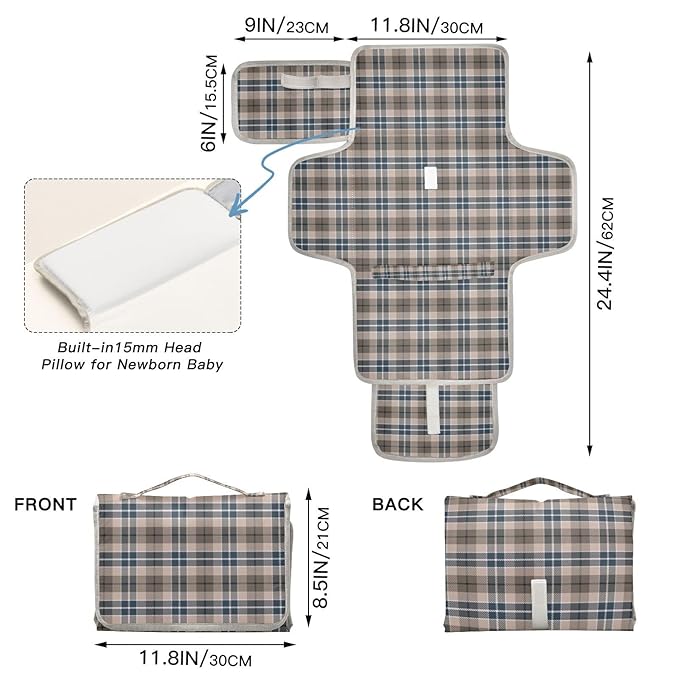 Brown Plaid Checkered Portable Diaper Changing Pad with Wipes Holder, Geometric Gingham Foldable Baby Diaper Changer Travel Bag Rustic Baby Changing Mat with Built-in Pillow for Newborn