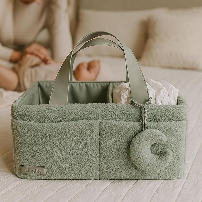 Orelle Bouclé Diaper Caddy Organizer with Matching Pouch & Moon Pendant | Teddy Portable Changing Table Organizer | Sage Green Diaper Caddy | Must-Have Baby Shower Gifts | Sage Green