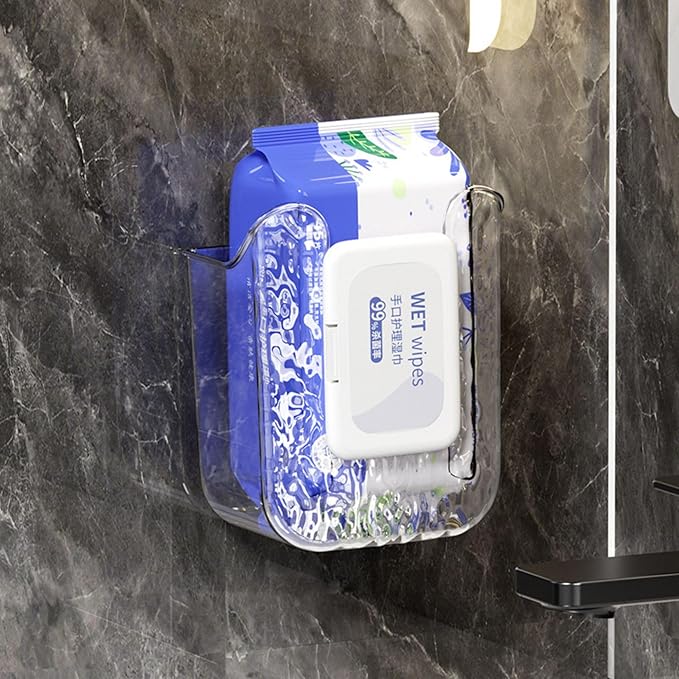Kitchen Wipes Storage Box, 2024 New Non-Slip Flushable Wipes Holder for Bathroom Toilet, Wall-Mounted Clear Wet Tissue Dispenser Container Box No Punching Refillable Keeps Baby Wipes Fresh Case