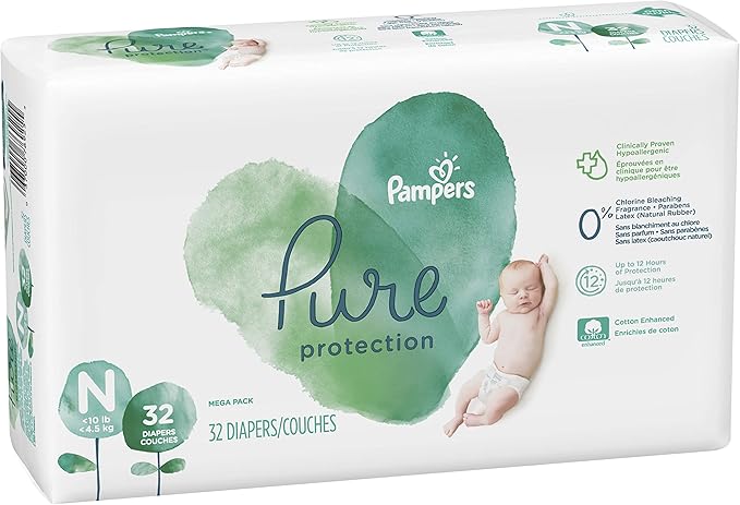 Diapers Newborn/Size N (>10 lb), 32 Count - Pampers Pure Protection Disposable Baby Diapers, Hypoallergenic and Unscented Protection, Mega Pack (Old Version)