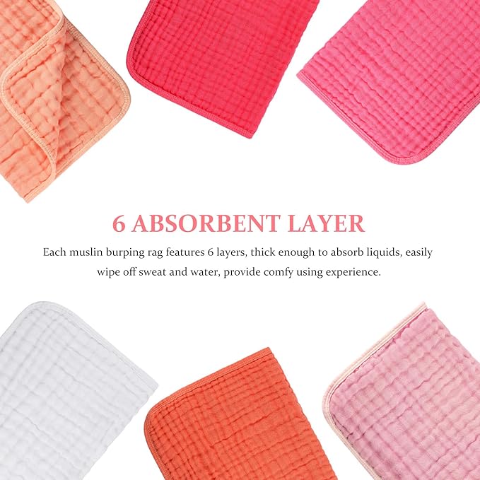 Hicarer 6 Pcs Girl Muslin Burp Cloths Cotton Burping Spit Rags Large 20 x 10 Inch 6 Layers Newborn Soft Absorbent Multicolor Wash Cloths Diapers for Baby Shower(Pink Series)