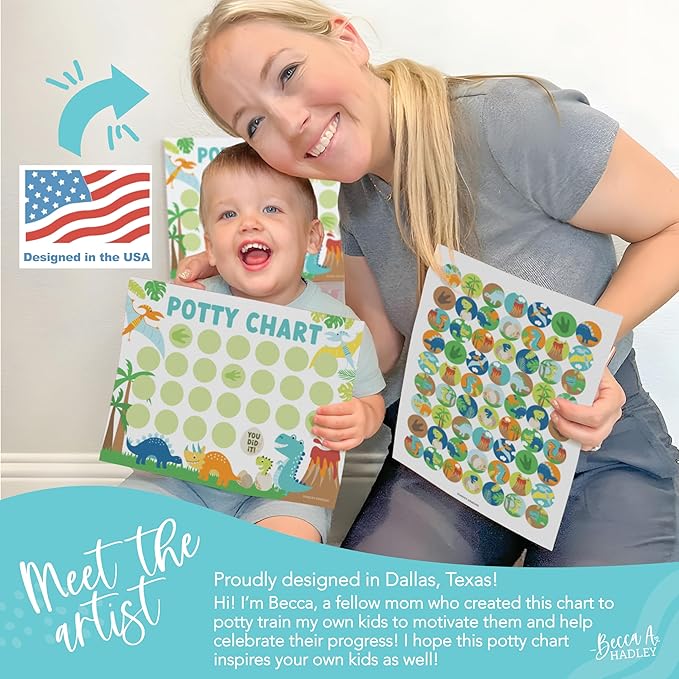 Hadley Designs Potty Training Chart for Toddlers Boys -10 Sticker Potty Chart for Toddlers Boys, 8.5x11" Potty Training Sticker Charts for Toilet Success, Dinosaur Toddler Reward Chart for Kids